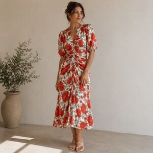 Ganni Cream Midi Dress with Red Floral Print